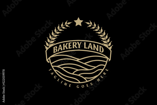 Golden Land with Rice Wheat or Laurel Leaf for Bake Bakery Cake Label Logo Design