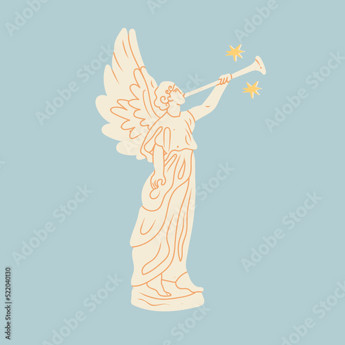 Marble Statue. Sculpture with wings. Antique statue with horn. Statue of angel. Hand drawn modern Vector illustration. Cartoon style. Isolated on blue