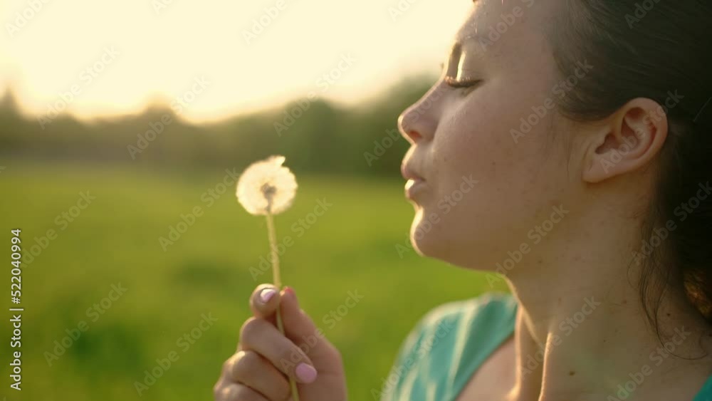 Close-up of a young happy girl blowing on a dandelion. Close-up of a young happy girl blowing on a dandelion.