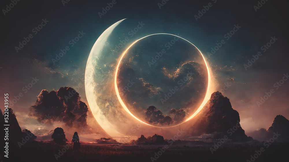 Abstract fantasy neon space landscape. Star nebulae, month and moon, mountains, fog. Unreal fantasy world. Silhouettes, horoscope, zodiac signs. 3D illustration. - obrazy, fototapety, plakaty 