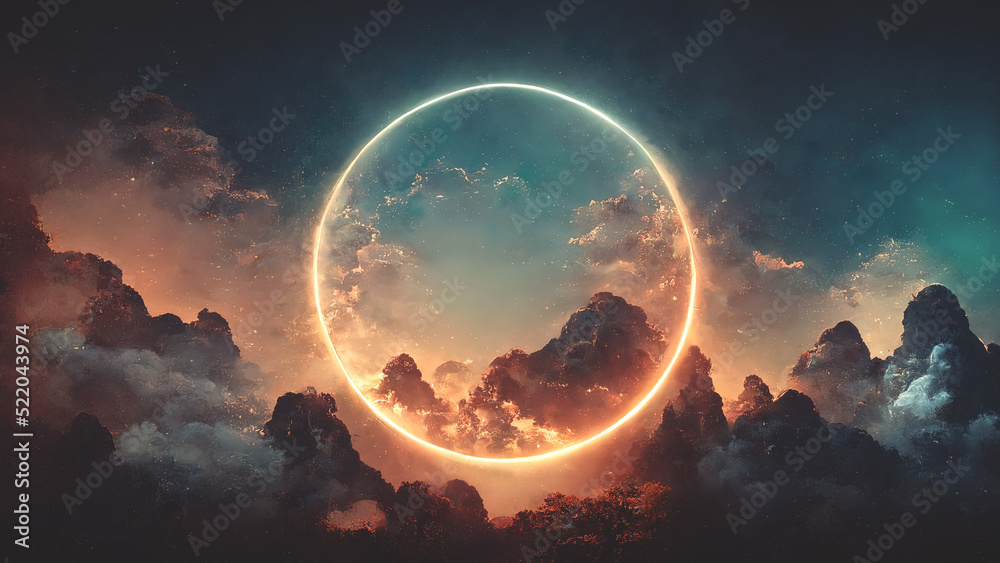 Fototapeta premium Abstract fantasy neon space landscape. Star nebulae, month and moon, mountains, fog. Unreal fantasy world. Silhouettes, horoscope, zodiac signs. 3D illustration.