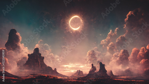 Abstract fantasy neon space landscape. Star nebulae  month and moon  mountains  fog. Unreal fantasy world. Silhouettes  horoscope  zodiac signs. 3D illustration.