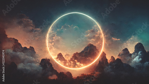 Abstract fantasy neon space landscape. Star nebulae, month and moon, mountains, fog. Unreal fantasy world. Silhouettes, horoscope, zodiac signs. 3D illustration. photo