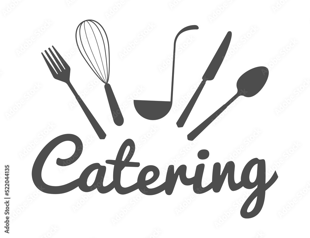 Catering service writing with fork and knife. Cutlery fork and spoon with plants. vector sketch. hand drawing isolated Catering service writing with fork and knife. Cutlery fork and spoon with plants. vector sketch. hand drawing isolated