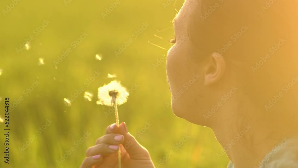 Portrait of a beautiful young woman blowing on the ripened dandelion.