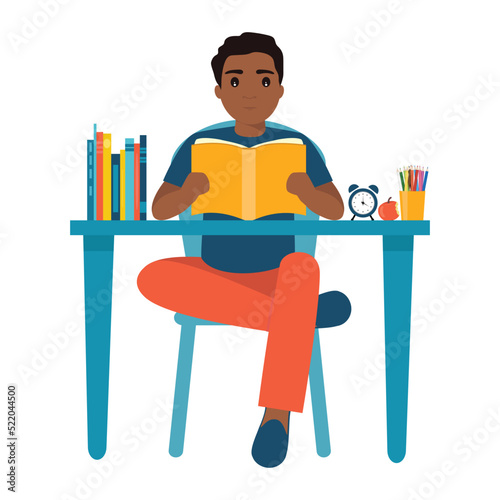 Back to school. African boy reading book. Boy studying with a book. Vector illustration. Man sitting in the table