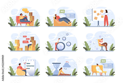 Procrastination concept set. Lazy character laying or sleeping