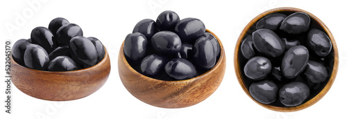 Foto Collection of wooden bowls with black olives, isolated on white background