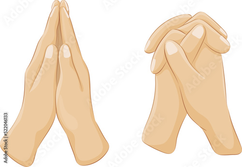 Set of human hands folded in prayer gestures. Human hands praying to god with faith and hope. Religion and holy catholic christian symbols cartoon vector