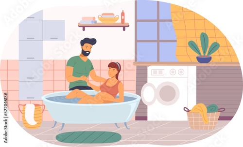 Husband helping pregnant wife to relax in bathtub. Woman lying in bath waiting for giving birth in bathroom interior. Natural birth, active position use to reduce pain during childbirth flat