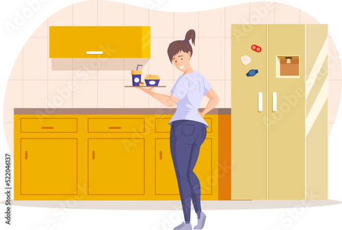 Young woman holding tray with fast food dishes. Happy overweight girl standing in modern kitchen interior. Woman prefers to eat junk food at home. Unhealthy nutrition flat vector