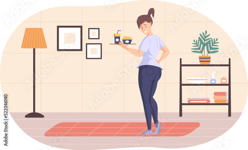 Smiling young woman standing with tray of junk food. Happy chubby girl standing in modern comfortable room interior. Woman prefers to eat fast food, unhealthy nutrition flat vector