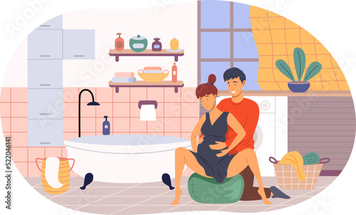Husband helping pregnant wife to do physical exercises on fitball. Woman sitting on ball waiting for giving birth in bathroom at home. Active position use to reduce pain during childbirth flat vector