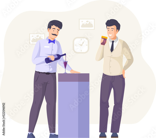 Man restaurant sommelier pouring red wine into glass. Man standing with takeaway coffee cup. Male waiter and party visitor characters at corporate party, social event or banquet flat vector