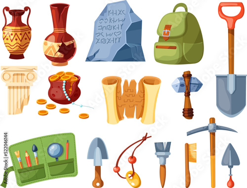 Archaeological inventory tools, finds and ancient artifacts set. Amphora, papyrus, antique pillar, gold coins and instruments for treasures excavation. Archaeology and treasure hunting cartoon vector