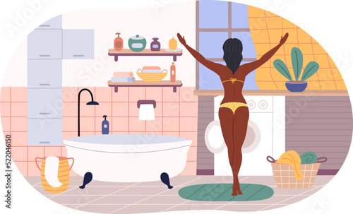 View from behind of beautiful woman exercising in bathroom. Calm and peaceful african american woman standing with her hands rised. Girl working out in yoga posture at home flat vector
