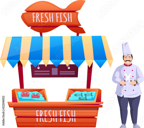 Cheerful man selling seafood at street market stall. Mustached chef cook in uniform holding crossed knives. Fresh seafood in trays ice on counter. Local fish market, outdoor shop street fair vector
