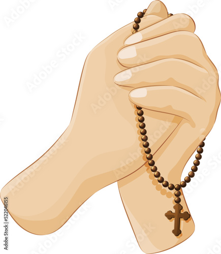 Two palms folded in prayer gesture praying to god. Praying human hands holding brown wooden rosary beads and crucifix. Christianity religious symbol cartoon vector