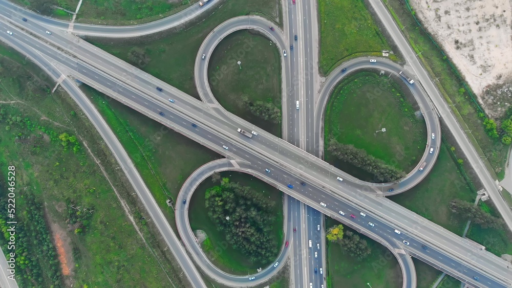 Top view of the highway with many interchanges in different directions
