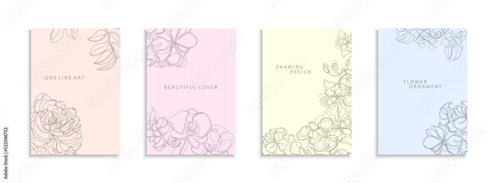 Collection of color floral covers, templates, placards, brochures, banners, flyers and etc. Elegant contour backgrounds, postcards, posters, invitation, tags. Delicate cards with drawing flowers