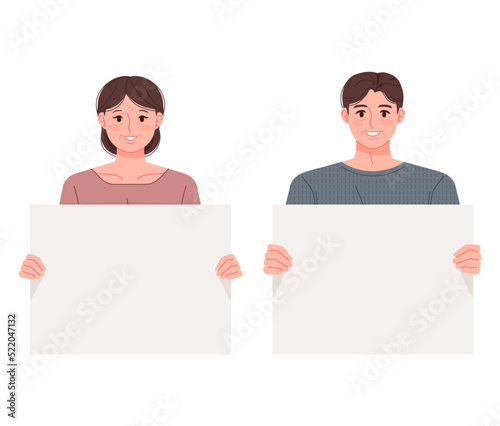 Middle-aged man and woman couple holding blank placard paper. Background concept vector illustration for your text.