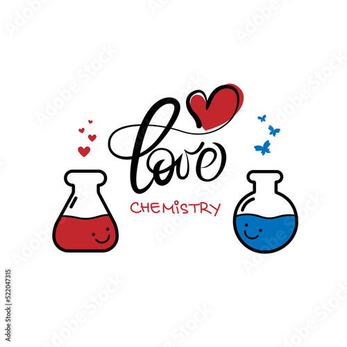 Vector illustration of chemistry flask filled with hearts. Love chemistry banners. Happy Valentine's Day. 