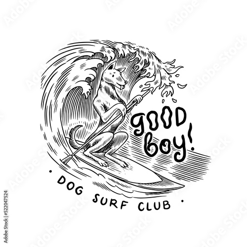 The dog rides on a surfboard on the sea waves. Summer surf sign. California card. Vintage hand drawn engraved sketch, emblem.