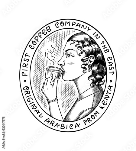 A woman holds a cup of coffee and drinks. Latte or cappuccino or espresso. Vintage retro badge or logo and emblem. Hand Drawn engraved sketch. Templates for shop or t-shirts.