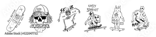 Skateboard shop set. Skeletons ride on the boards. Fiery head and skull. Vintage retro labels and badges for t-shirts and typography. Hand Drawn engraved sketch
