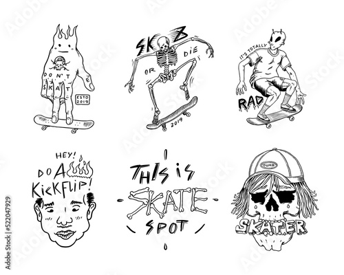 Skateboard shop set. Skeletons ride on the boards. Fiery head and skull. Vintage retro labels and badges for t-shirts and typography. Hand Drawn engraved sketch