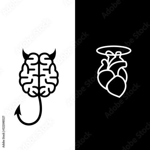 Brain with wings, horns and tail on white VS heart with nimbus on black. Love concept.