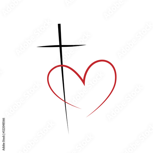 Hand drawn black heart with red cross isolated on white background.  Minimalistic vector illustration.