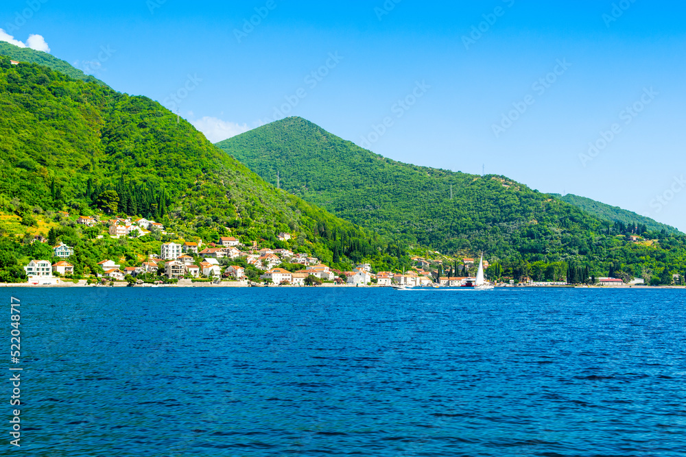 Beautiful summer landscape of the Bay of Kotor coastline - Boka Bay, Montenegro