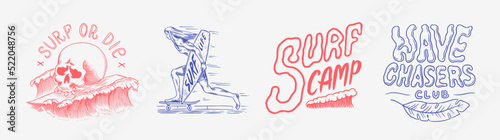 Surf badge, Vintage Surfer logo. Retro Wave and palm. Summer California pins set. Man on the surfboard, beach and sea. Engraved emblem hand drawn. Banner or poster. Sports in Hawaii.