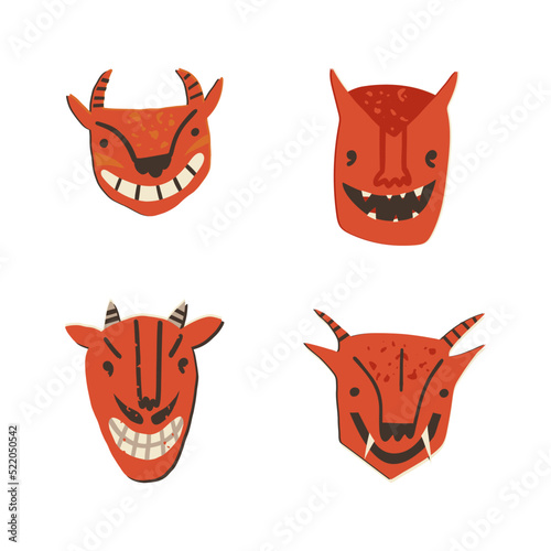 Retro style Halloween devils clipart set. Magical creatures, demons, satans, horned monsters skulls with spooky smiles.