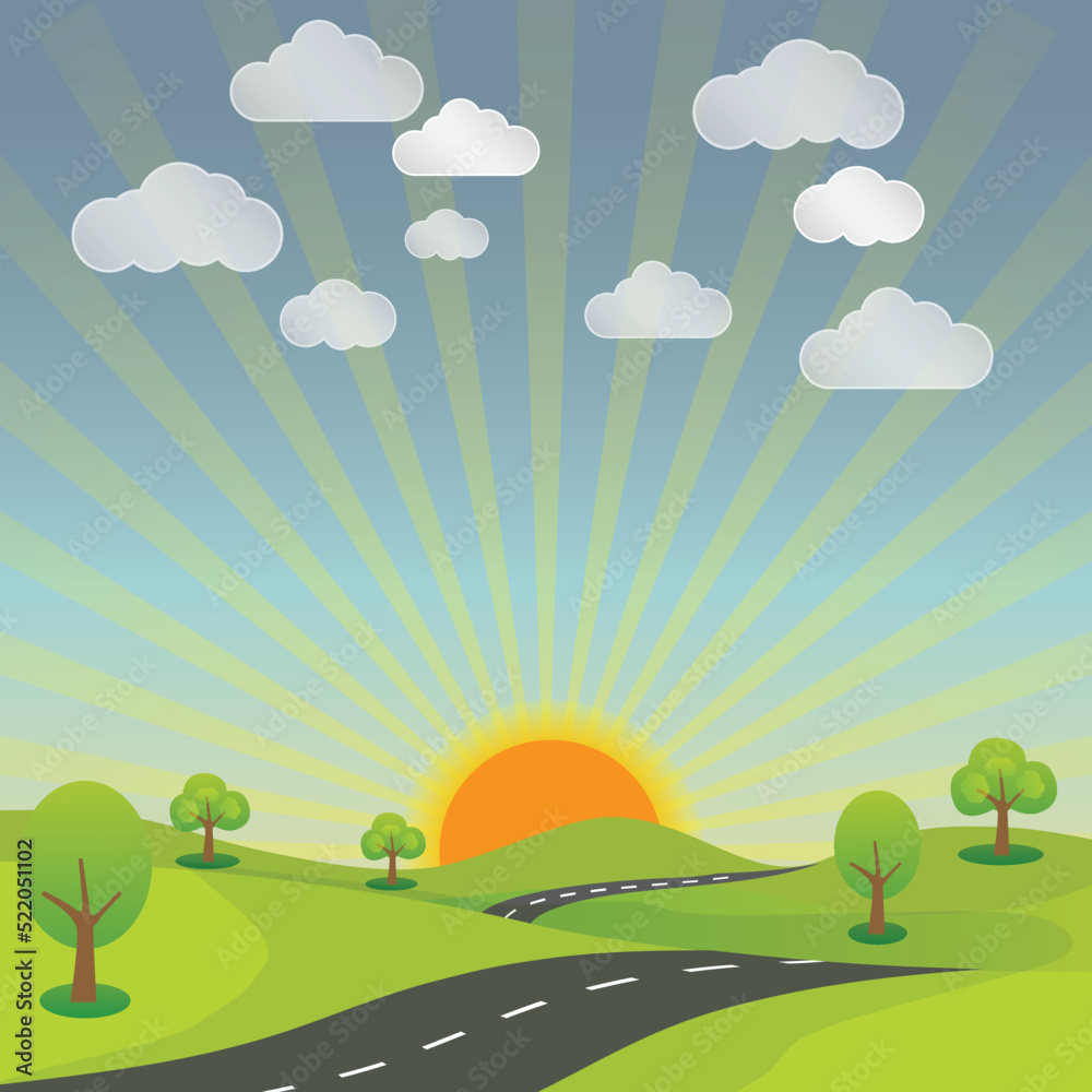 Obraz premium summer rural landscape road, sun and sky with nature bright