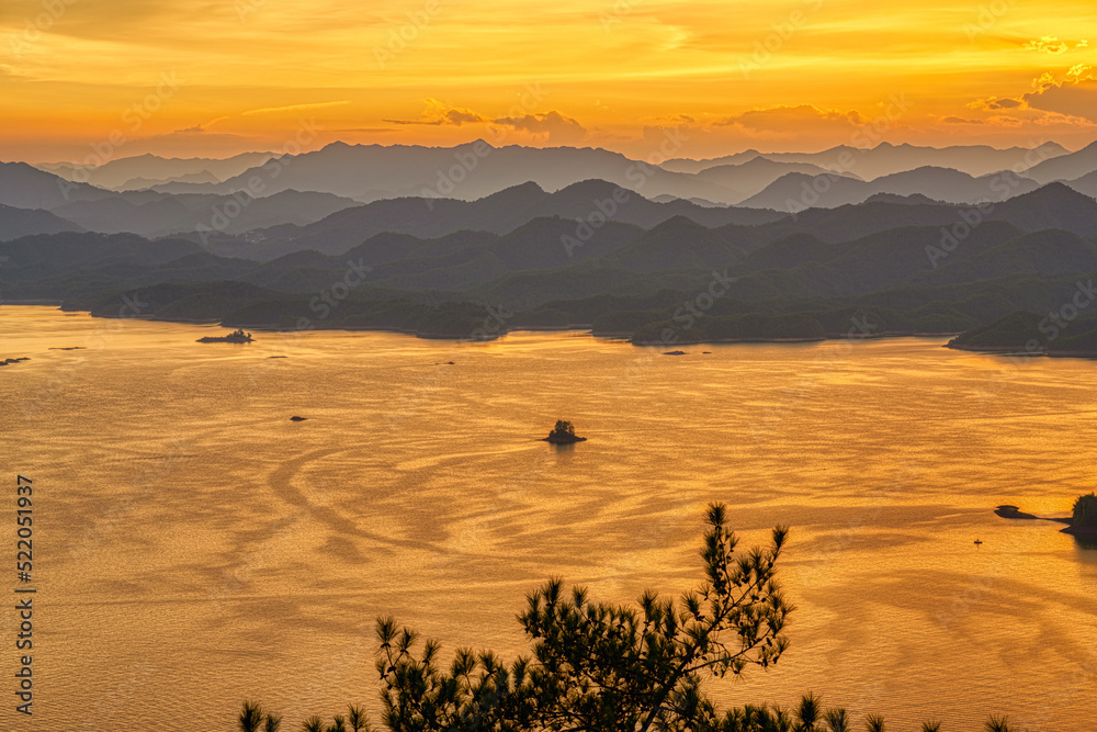 sunset over the Thousand Islands Lake, Zhejiang, China