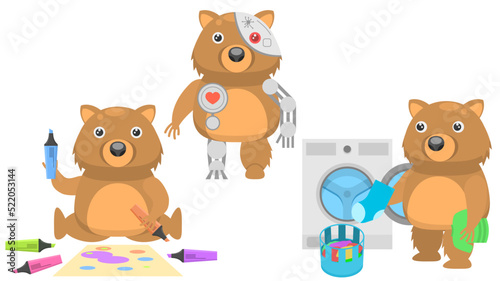 Set Abstract Collection Flat Cartoon Different Animal Wombats Draws With Markers, Throwing Things In The Washing Machine, Cyborg With Metal Parts Vector Design Fauna Wildlife