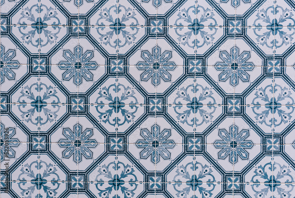 Traditional blue patterned azulejo tiles background