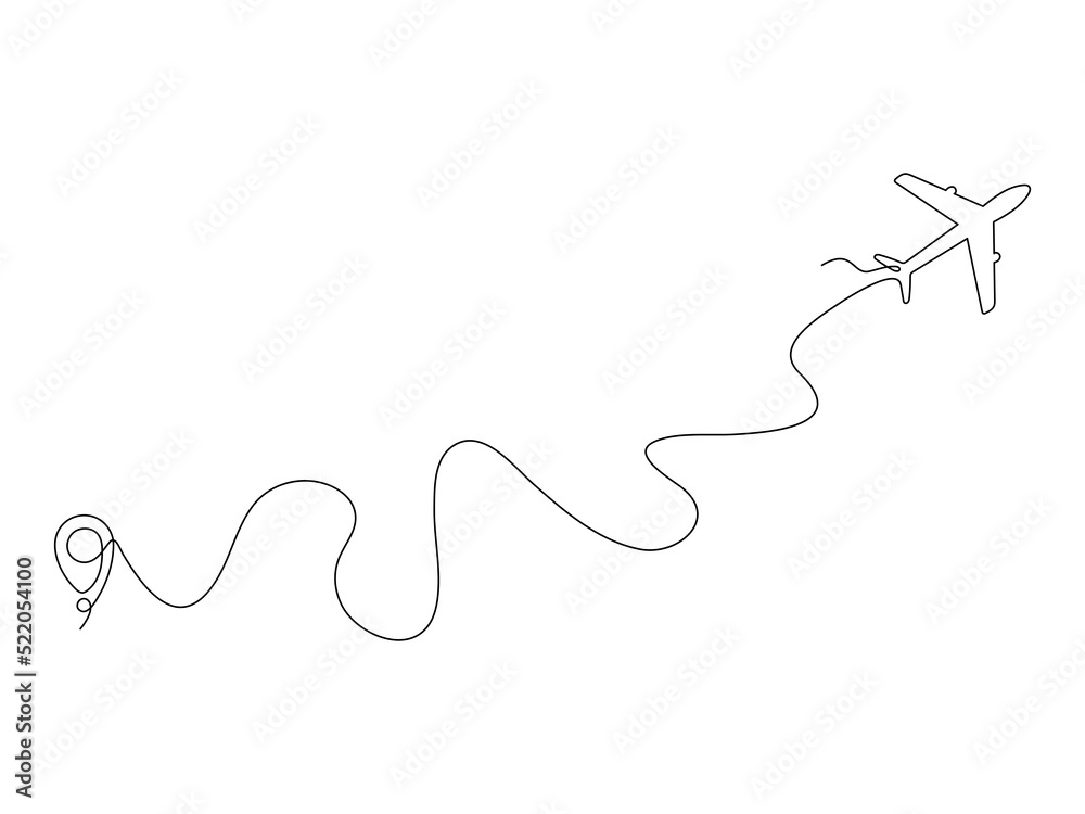Airplane continuous line drawing with map pin pointer. Airplane flying with start point. Vector isolated on white.