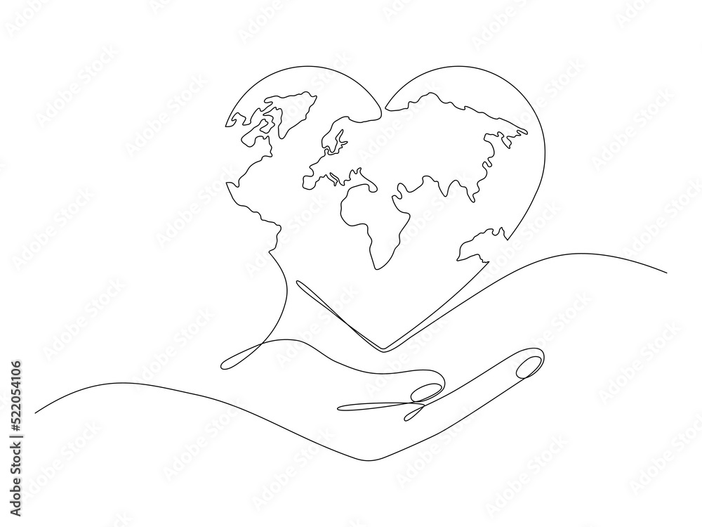 Human hand holding Earth globe continuous line art drawing. Save of Planet linear concept. Vector illustration isolated on white.