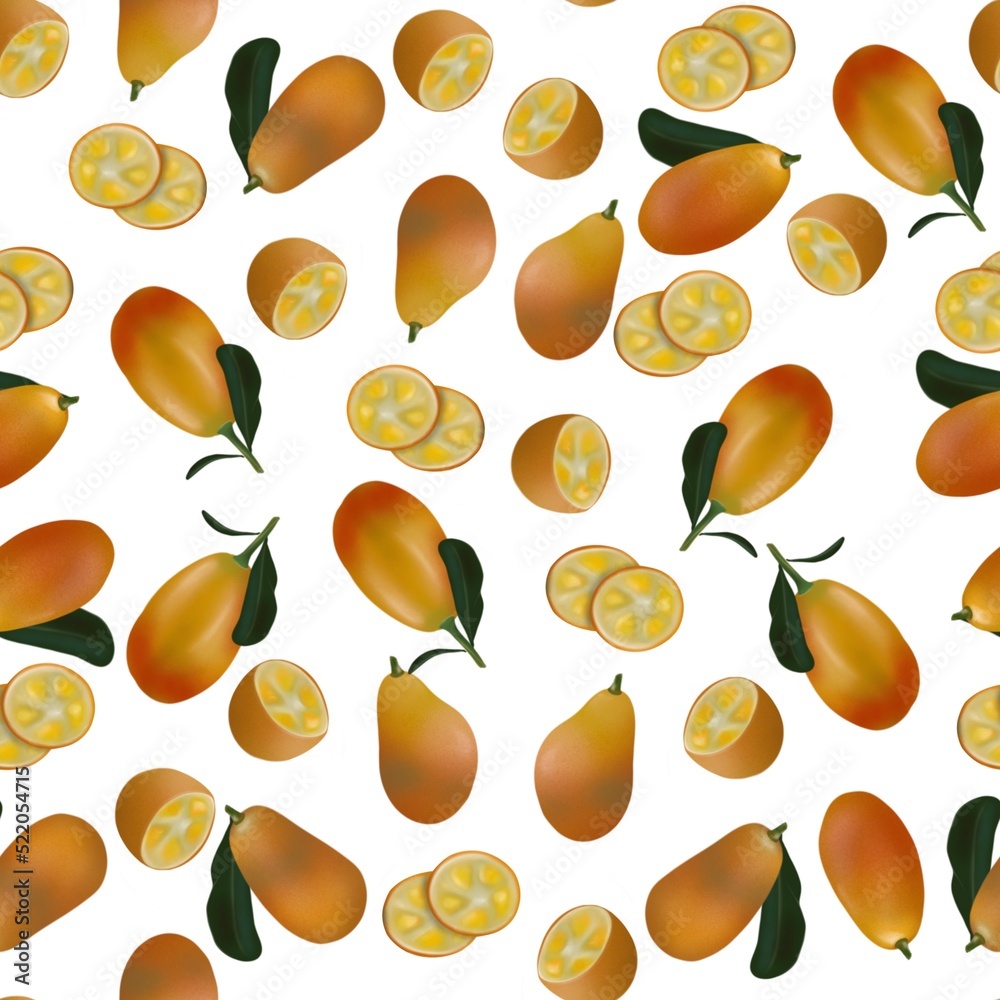 Surface pattern with Kumquats on a white background.  Kumquats texture seamless pattern print background.