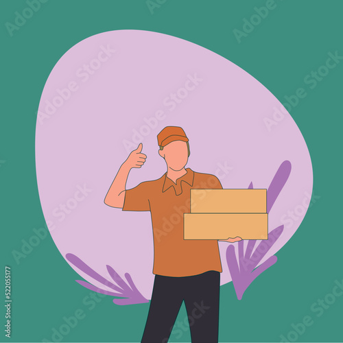 Simple Vector illustration of young happy delivery man gives thumbs-up gesture while lifting carton box packages to customer. Delivery service business concept. line art modern design illustration