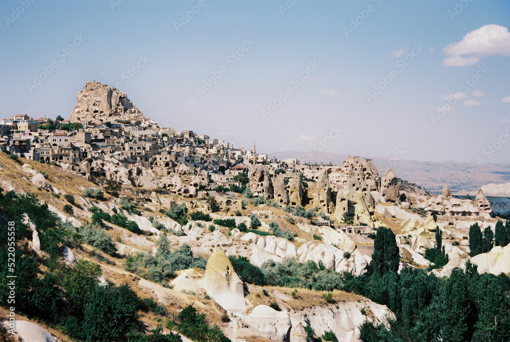 Cappadocia landscape. Stone cave houses in Cappadocia, Turkey. Grainy film in the style of old photos. High quality photo