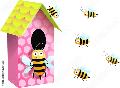 Cute honey bees and their hive house, cartoon for kids, bees baby characters. Funny bee hive vector illustration for children.