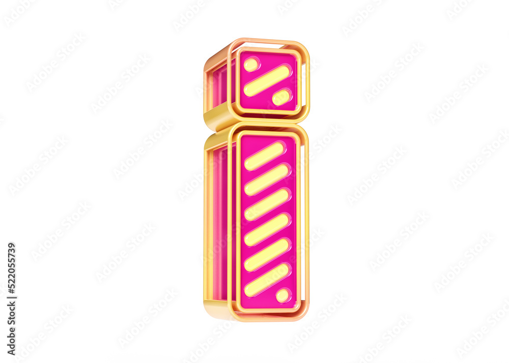 Pink and bright golden yellow color combination neon font. Flashy 3D exclamation mark isolated on white background. High quality 3D rendering. Pink and bright golden yellow color combination neon font. Flashy 3D exclamation mark isolated on white background. High quality 3D rendering.