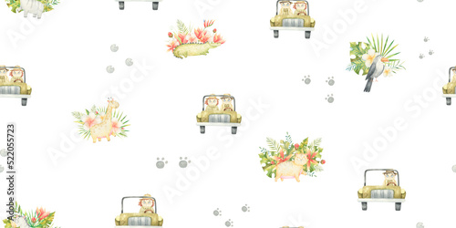 Canvas Print seamless pattern with safari animals and explorers on car, cute watercolor illus
