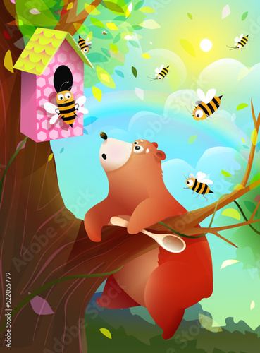 Cute hungry baby teddy bear climbing tree for honey, fun story for kids with animal character. Cute bear and angry bees, vector hilarious cartoon for children.
