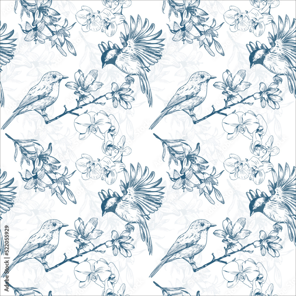 Vintage floral pattern. Seamless flower and bird pattern on white background. Design for background,wallpaper,clothing,wrapping,fabric,Vector illustration.embroidery style.