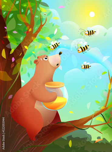Cute hungry baby teddy bear climbing tree for honey and angry bees, fun story for kids with animal characters. Cute bear on tree and angry bees, vector hilarious cartoon for children.